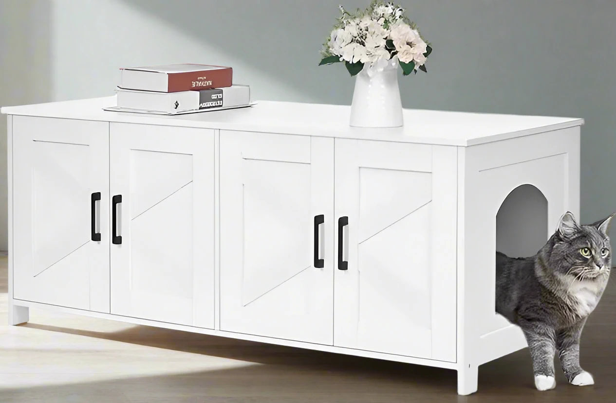 Catitude White Cat Litter Box Enclosure for 2 Cats - Wooden Cat Washroom Furniture with Double Room