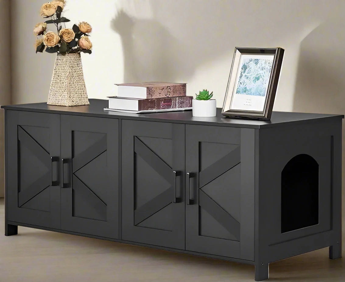 Catitude Black Cat Litter Box Enclosure for 2 Cats - Wooden Cat Washroom Furniture with Double Room