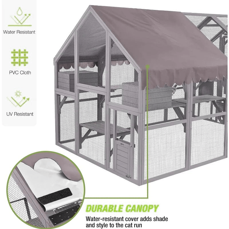 Catitude Large Outdoor Cat Enclosure with Bridges, Walks, Small Houses, and Waterproof Roof Cover