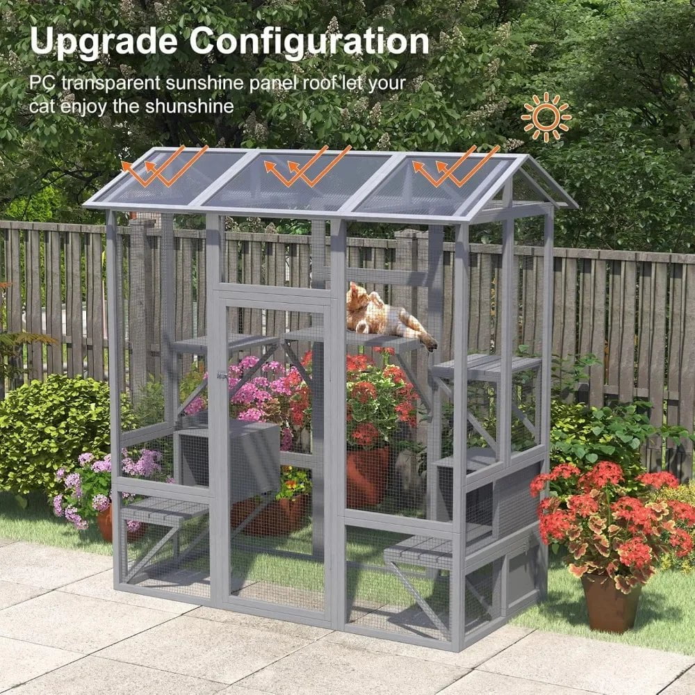 Catitude Large Outdoor Cat Enclosure with Waterproof Cover, Sunshine Panel Roof, and Secure Structure