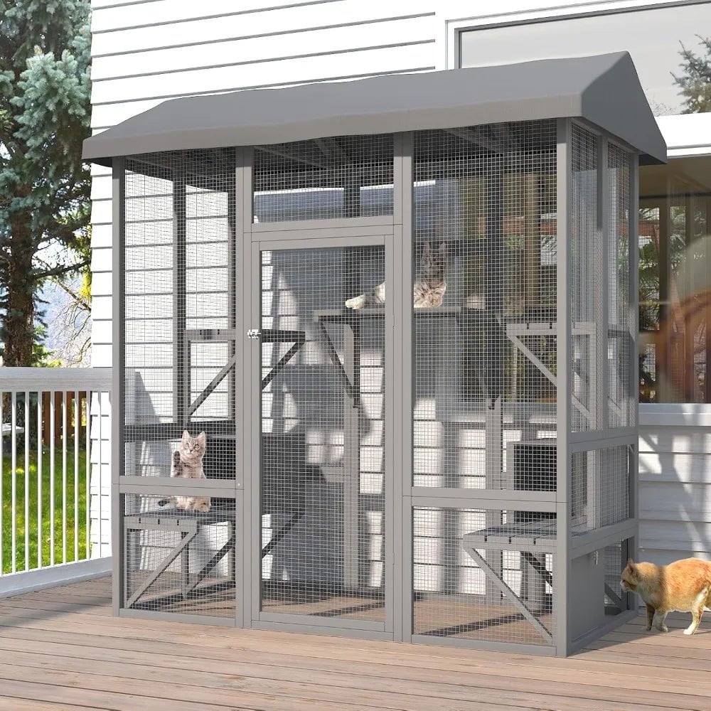 Catitude Large Outdoor Cat Enclosure with Waterproof Cover, Sunshine Panel Roof, and Secure Structure