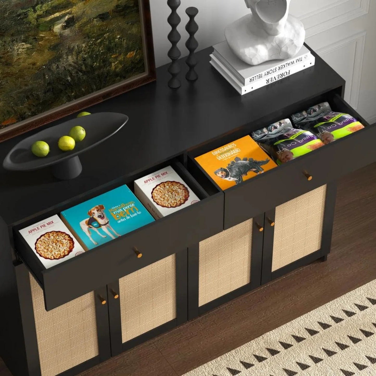 Catitude Modern Large Cat House with Sisal Doors - Black Cat Litter Box Enclosure Furniture with 2-Drawers