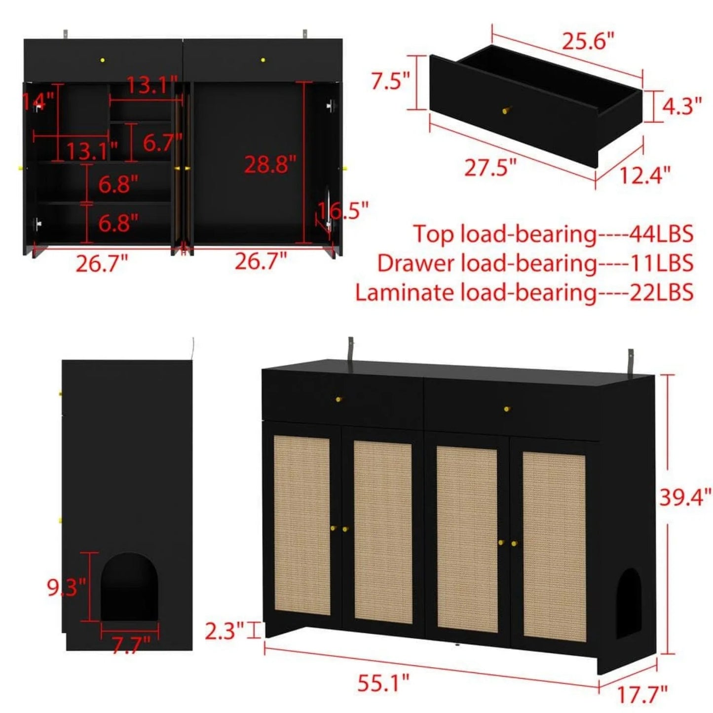 Catitude Modern Large Cat House with Sisal Doors - Black Cat Litter Box Enclosure Furniture with 2-Drawers