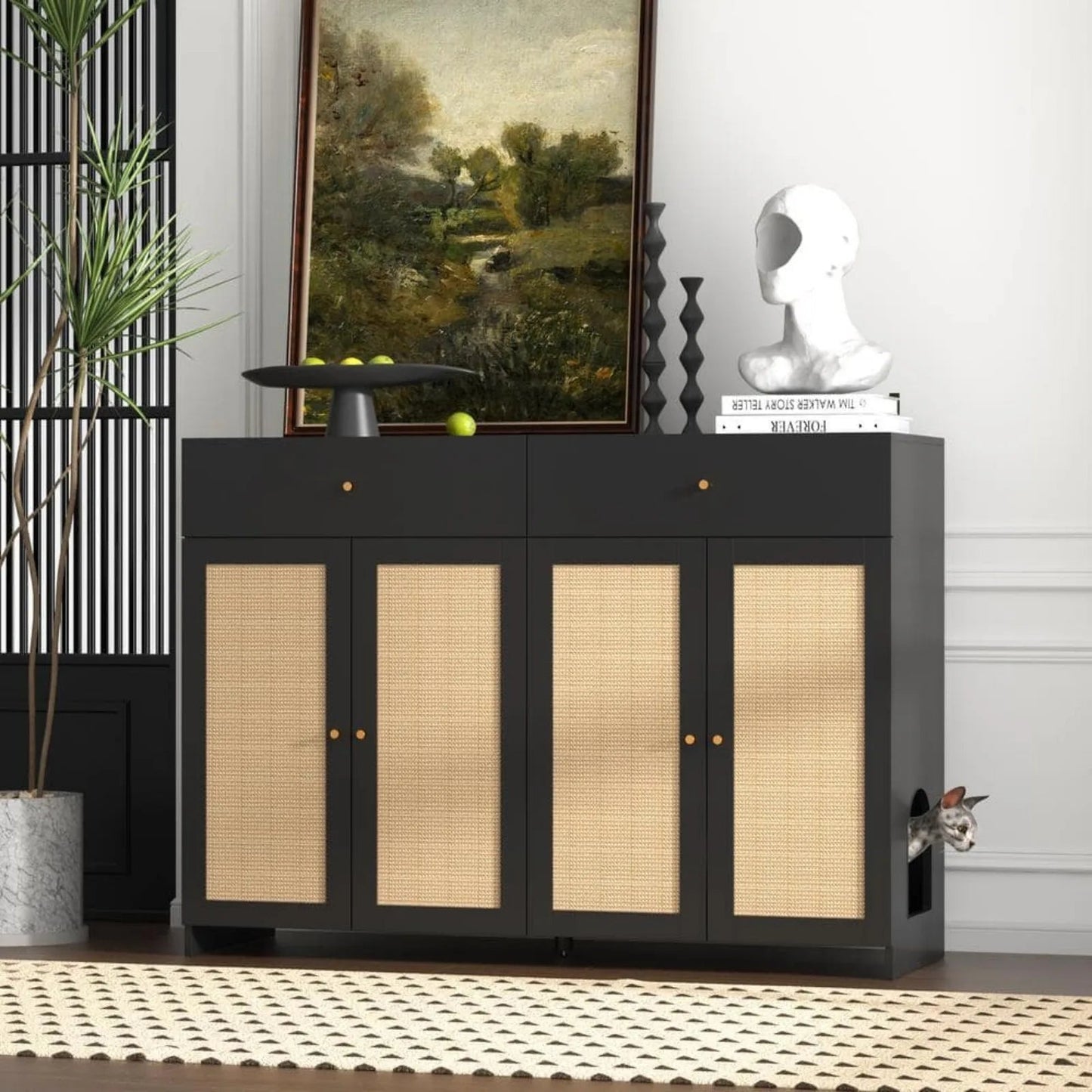 Catitude Modern Large Cat House with Sisal Doors - Black Cat Litter Box Enclosure Furniture with 2-Drawers