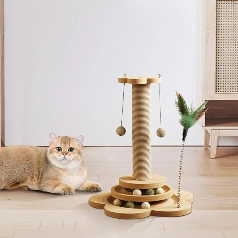 Catitude Solid Wood Cat Turntable Toy with Sisal Scratching Board, Feather Toy, and Unique Design