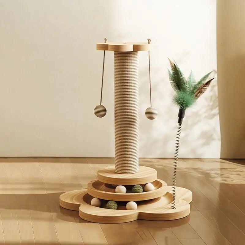 Catitude Solid Wood Cat Turntable Toy with Sisal Scratching Board, Feather Toy, and Unique Design