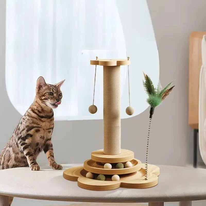 Catitude Solid Wood Cat Turntable Toy with Sisal Scratching Board, Feather Toy, and Unique Design