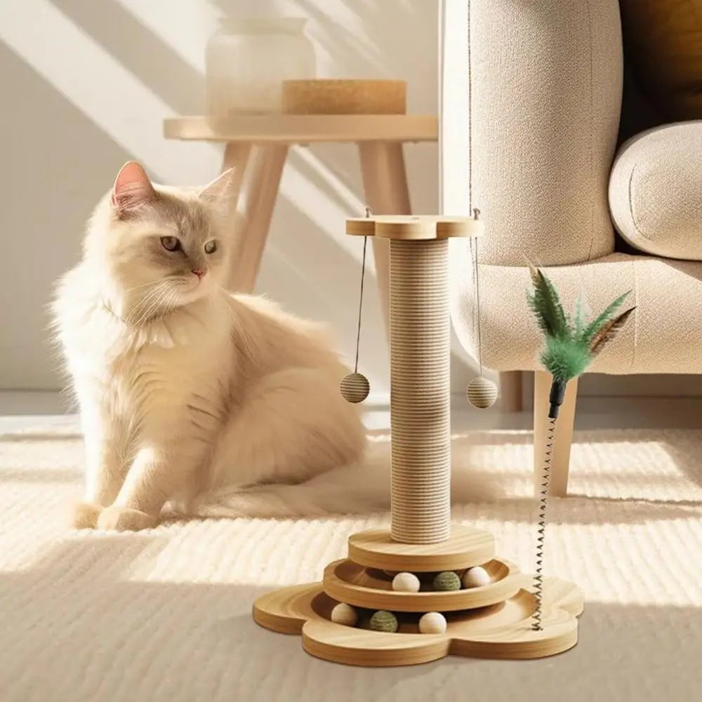 Catitude Solid Wood Cat Turntable Toy with Sisal Scratching Board, Feather Toy, and Unique Design
