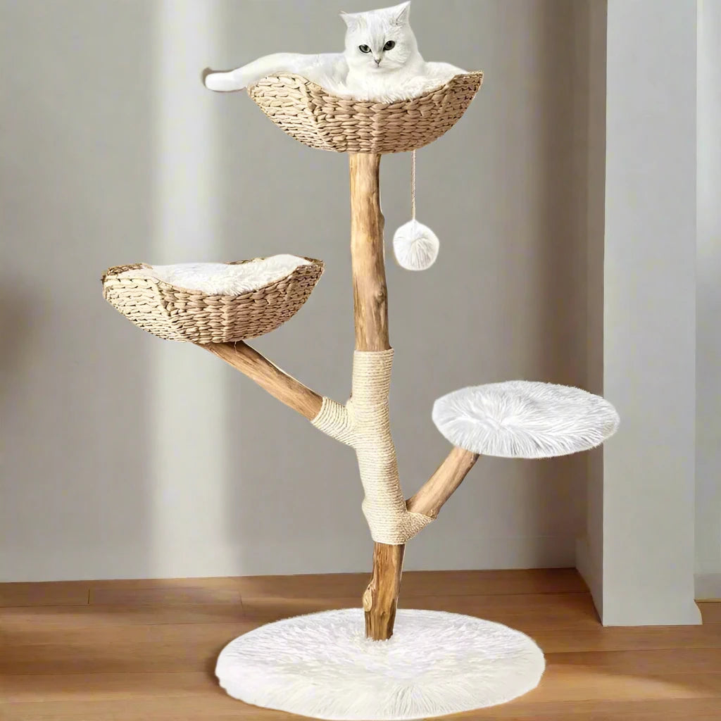 Catitude Wooden Cat Tree Tower - Unique Heavy Duty Cat Tower with Real Wood Branches and Luxurious Cat Furniture for Large Breeds