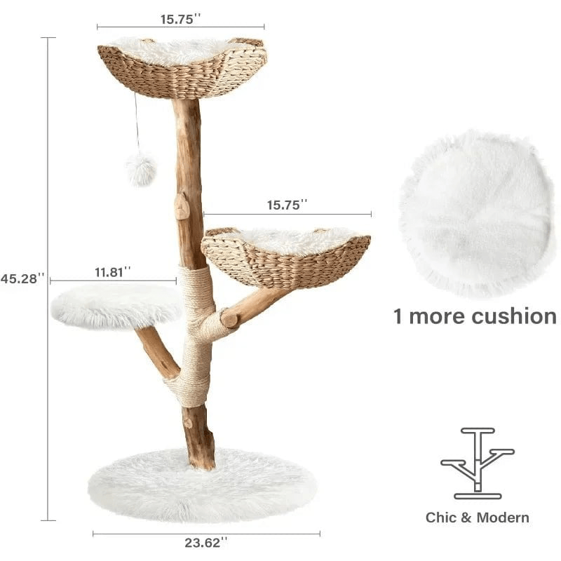 Catitude Wooden Cat Tree Tower - Unique Heavy Duty Cat Tower with Real Wood Branches and Luxurious Cat Furniture for Large Breeds