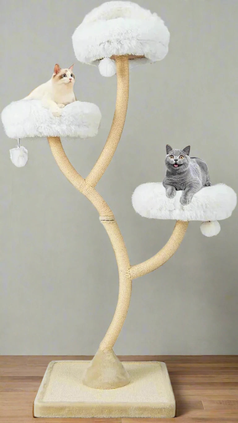 Catitude White 70 Inch Multi-Level Large Cat Tower - Tall Cat Tree with 3 Warm Perches, 3 Jingling Balls, and Fully Covered Sisal Scratching Posts