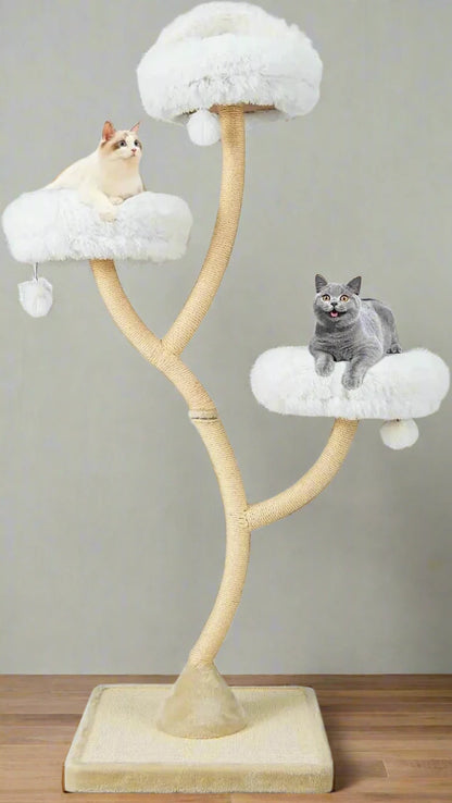 Catitude White 70 Inch Multi-Level Large Cat Tower - Tall Cat Tree with 3 Warm Perches, 3 Jingling Balls, and Fully Covered Sisal Scratching Posts