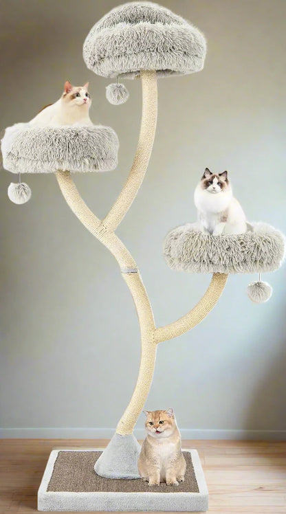 Catitude Grey 70 Inch Multi-Level Large Cat Tower - Tall Cat Tree with 3 Warm Perches, 3 Jingling Balls, and Fully Covered Sisal Scratching Posts