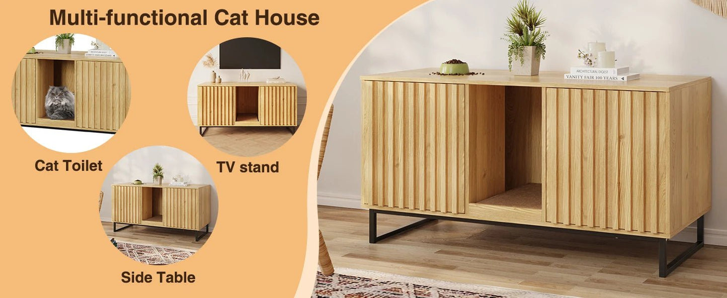 47.6" Hidden Litter Box Furniture - Double Room Large Cat Cabinet with Cat Scratch Pad, TV Stand & Side Table