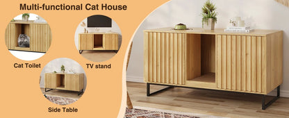 47.6" Hidden Litter Box Furniture - Double Room Large Cat Cabinet with Cat Scratch Pad, TV Stand & Side Table