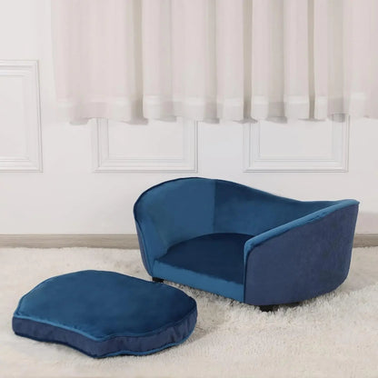 Pet Sofa Bed - Velvet & Linen Fabric Pet Couch with Removable & Washable Cushion and Solid Wood Frame