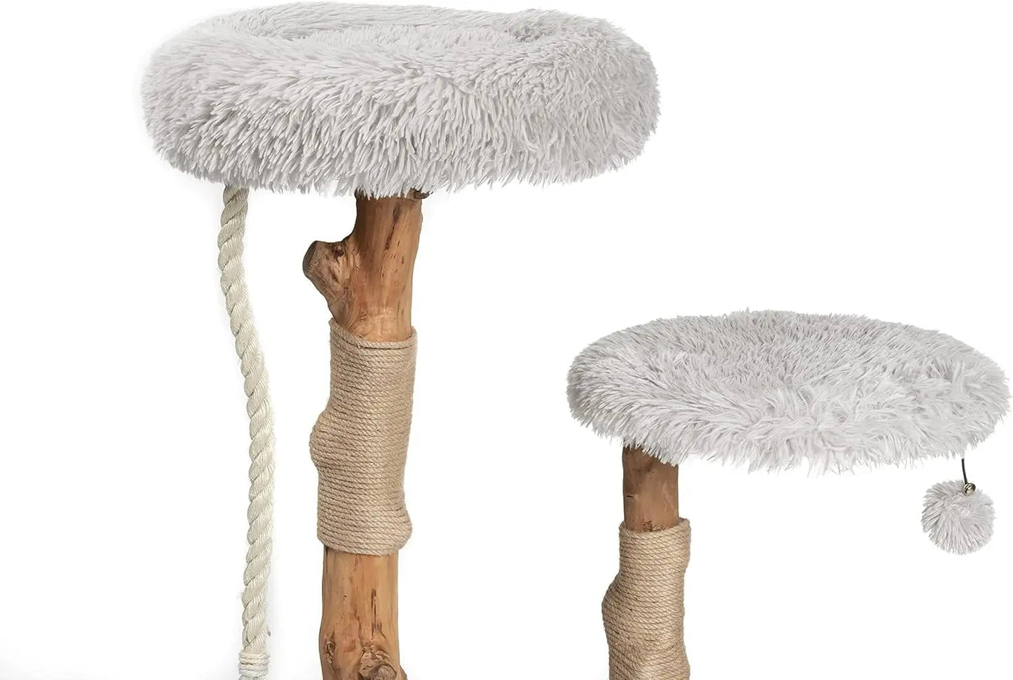 Modern Cat Tree Tower with Natural Branch Condo, Luxury Wood Tower, and Faux Fur-Covered Platforms for Large Cats