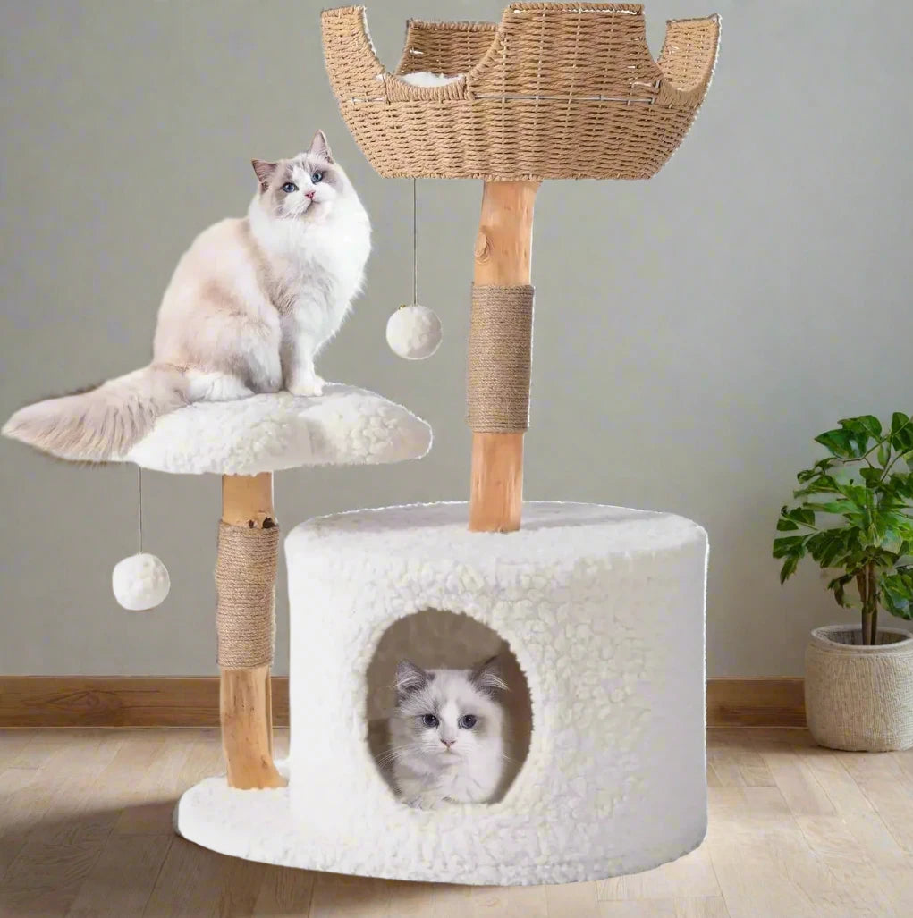 Luxury Cat Tree Tower for Large Cats - Modern Wooden Cat Condo with Real Branch