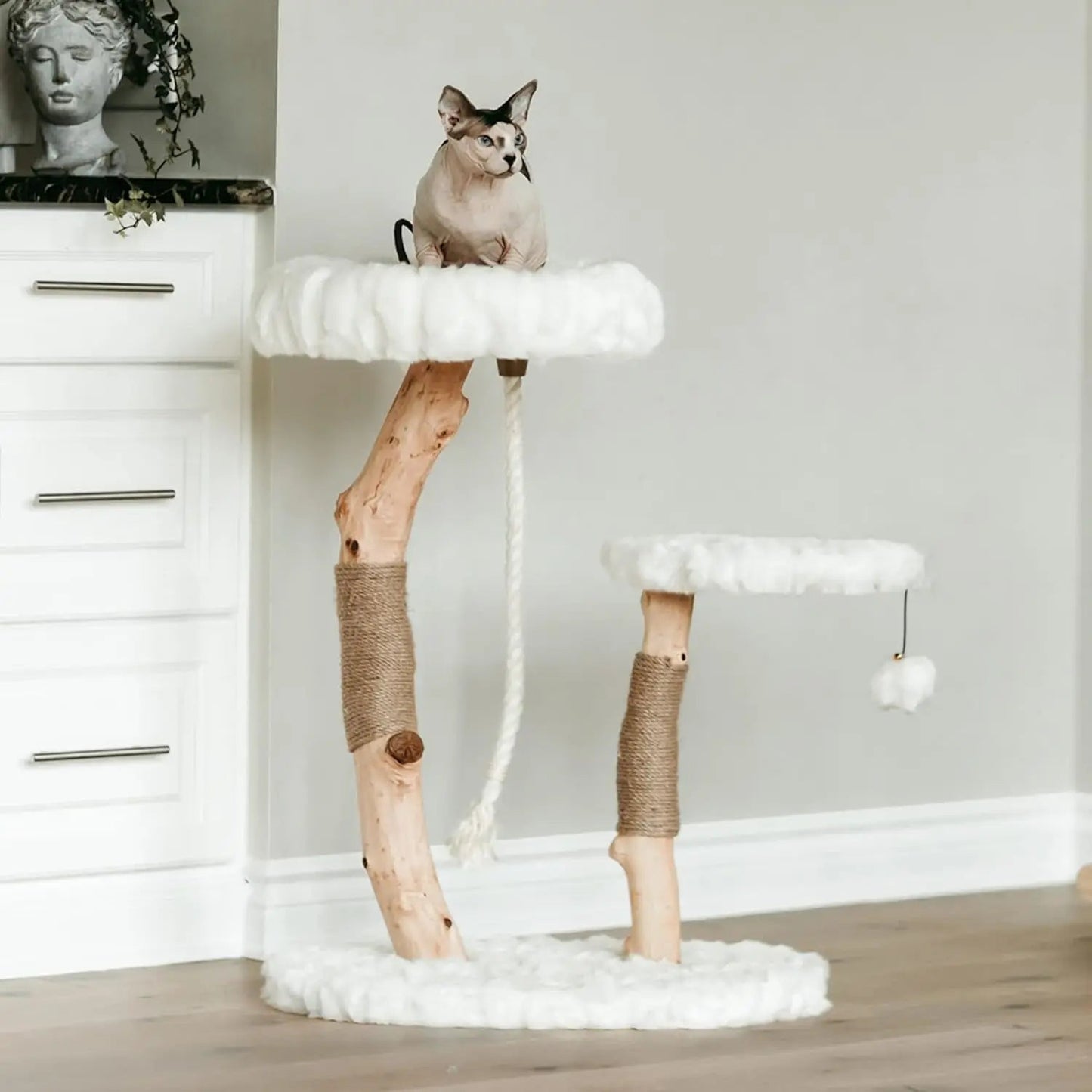 Modern Cat Tree Tower with Natural Branch Condo, Luxury Wood Tower, and Faux Fur-Covered Platforms for Large Cats