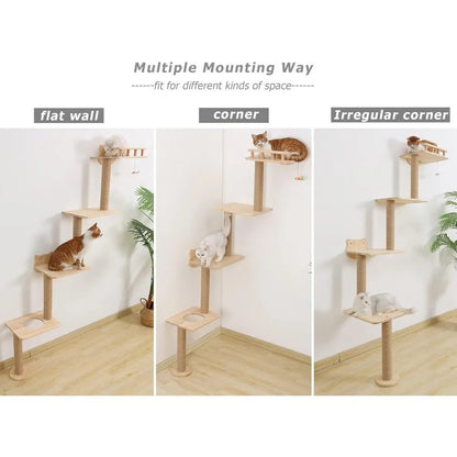 Wall-Mounted Cat Tree with 4 Levels, 73" Wood Corner Tower, and Sisal Rope Scratching Post