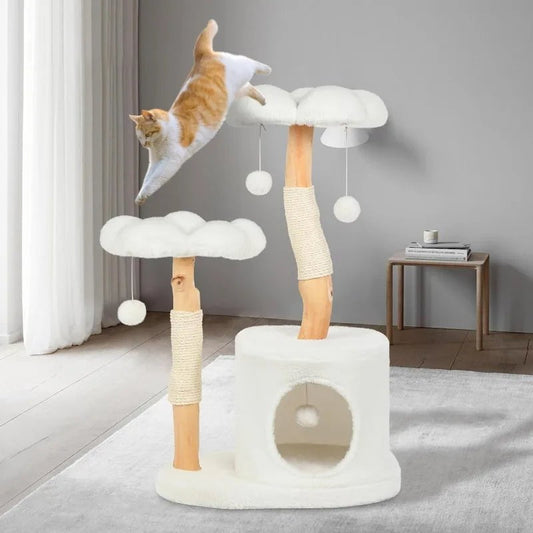 Wood Flower Cat Tree Tower for Indoor Cats - Cute Cat Condo with Scratching Post, Plush Perches, and Toy Balls