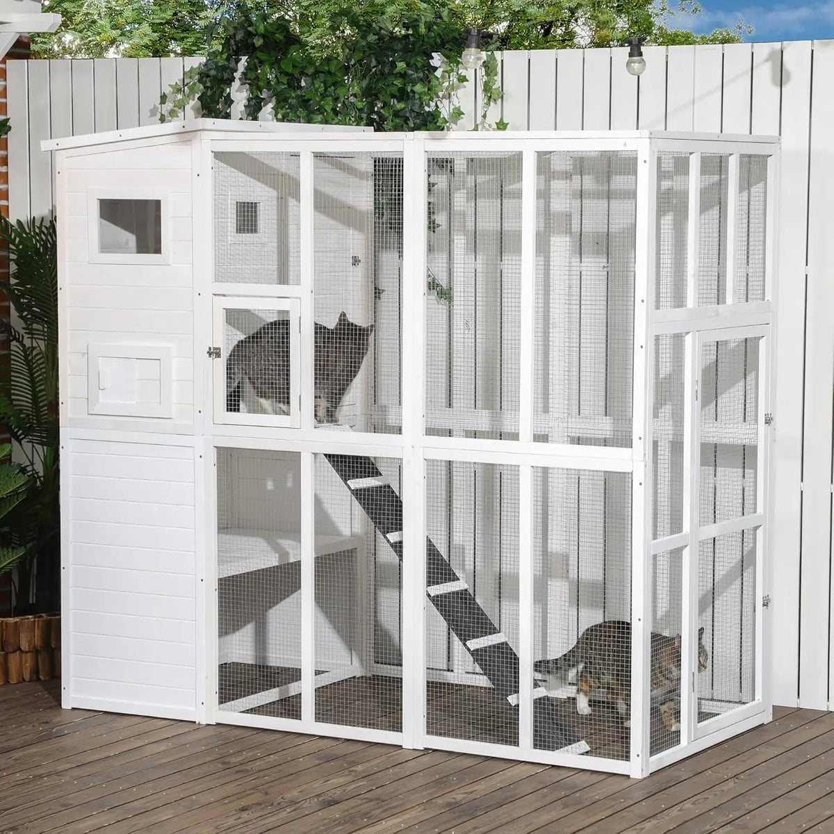 72-Inch Luxury Wooden Catio with 2 Napping Houses, 7 Jumping Platforms, and Weather-Resistant Asphalt Roof