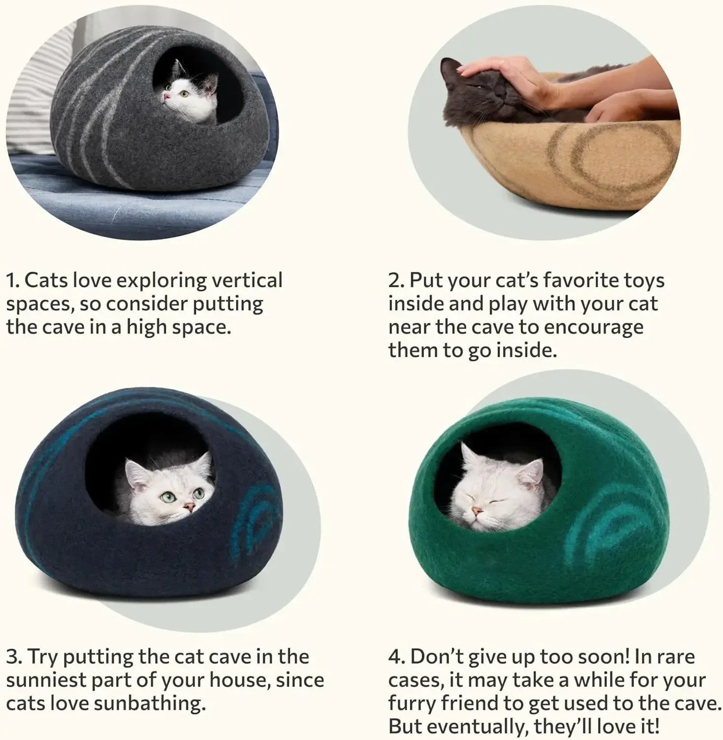 Merino Wool Cat Cave - Premium Handmade Felt Cat Bed for Cats and Kittens, Eco-Friendly and Portable