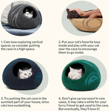 Merino Wool Cat Cave - Premium Handmade Felt Cat Bed for Cats and Kittens, Eco-Friendly and Portable