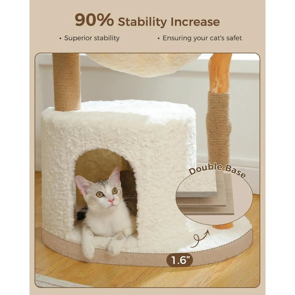 Super Large Luxury Cat Tree for Big Cats - Wooden Cat Tower with Real Branch, Cozy Condo, and Ultra-Soft Plush