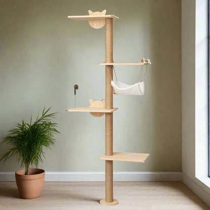 Wall-Mounted Cat Scratching Pad with Hammock, Perches, and Durable Wood Construction for Small to Large Cats