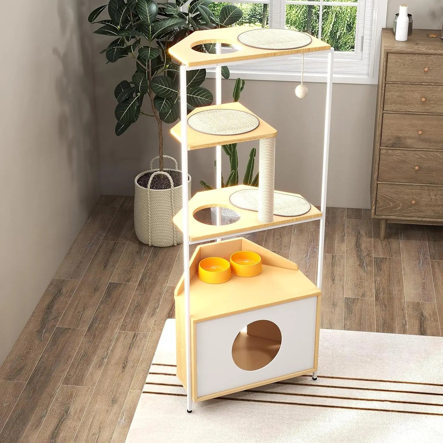 Corner Cat Tree with Scratching Post, Feeding Station, Climbing Platforms, and Space-Saving Design