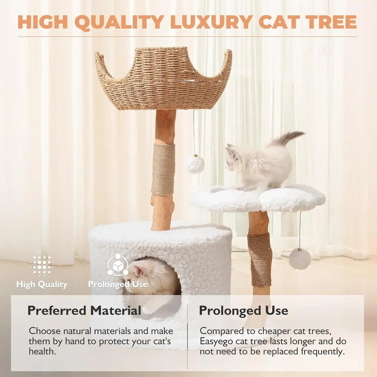 Luxury Cat Tree Tower for Large Cats - Modern Wooden Cat Condo with Real Branch