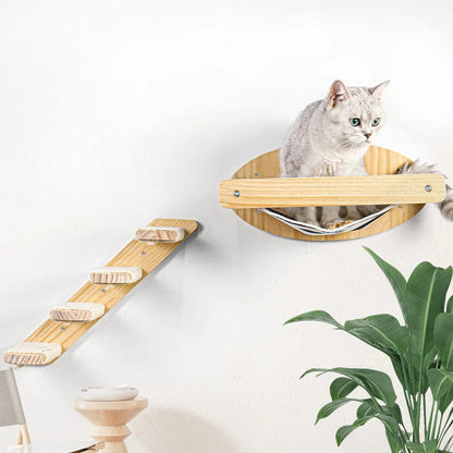 3-Piece Cat Hammock Set with Four-Step Sisal Stairway, Wall-Mounted Wooden Cat Furniture, and Comfortable Hammock