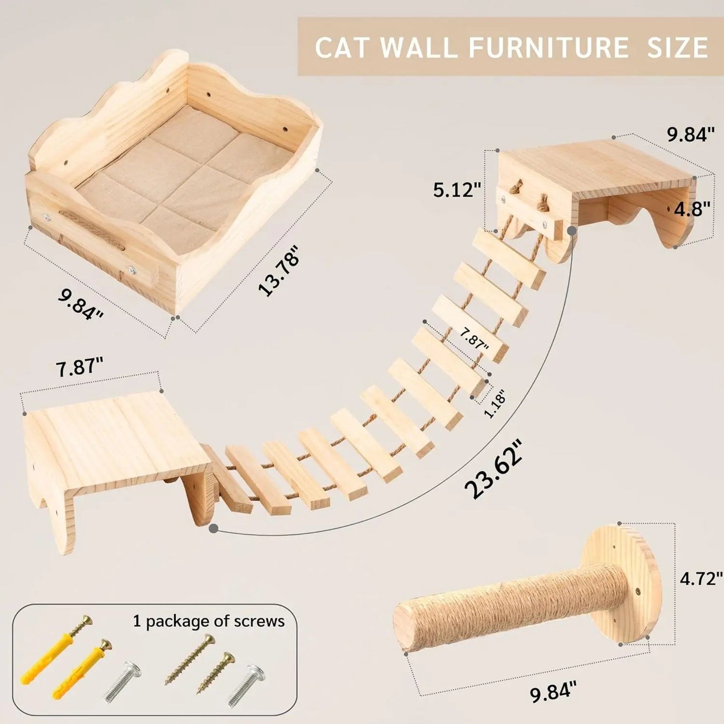 Cat Hammock Wall Furniture with Climbing Shelves, Scratching Post, Bridge, and Multi-Level Design for Indoor Cats