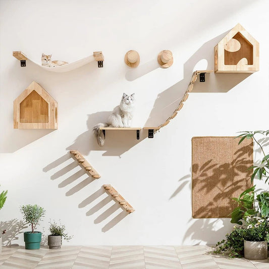 Cat Climbing Shelf Wall Mounted Four Step Stairway with Sisal Scratching Post and Natural Pine Wood Construction