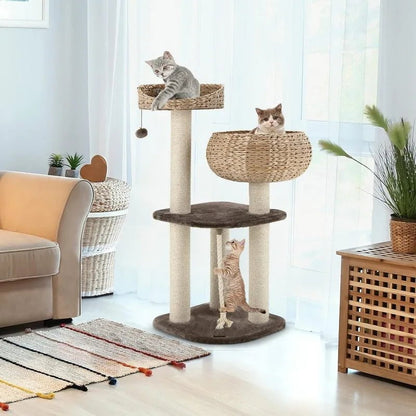 Modern Cat Tree Tower - Natural Paper Rope Bowl Shaped Cat Activity Tree with Perch