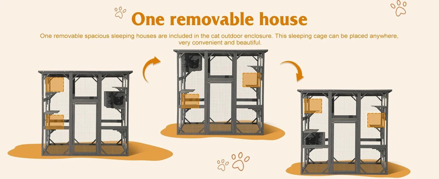 Large Outdoor Catio Wooden Cat House with Weatherproof Roof, Indoor Playpen, and Platform