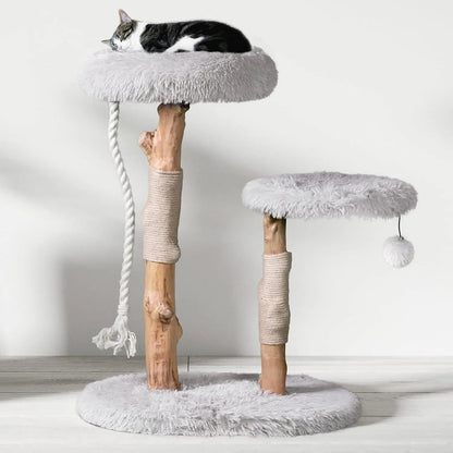 Modern Cat Tree Tower with Natural Branch Condo, Luxury Wood Tower, and Faux Fur-Covered Platforms for Large Cats