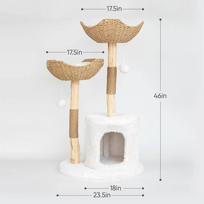 Modern Cat Tree for Indoor Cats - Large Adult Wooden Cat Tower with Scratching Post