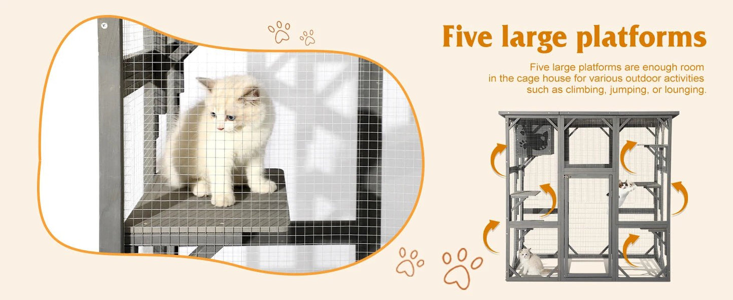 Large Outdoor Catio Wooden Cat House with Weatherproof Roof, Indoor Playpen, and Platform