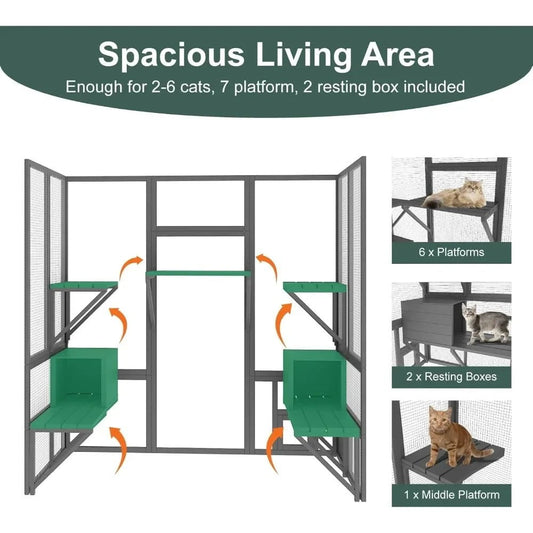 Large Outdoor Cat Enclosure with Waterproof Cover, Sunshine Panel Roof, and Secure Structure