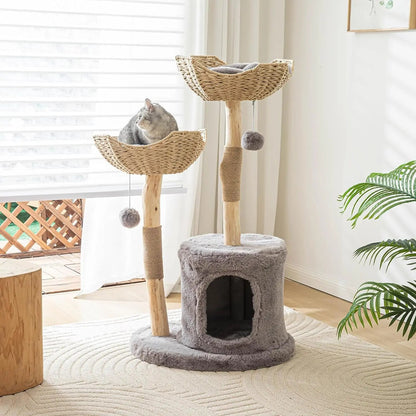 Modern Cat Tree for Indoor Cats - Large Adult Wooden Cat Tower with Scratching Post