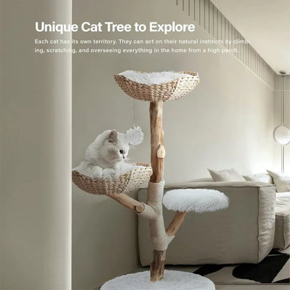 Wooden Cat Tree Tower - Unique Heavy Duty Cat Tower with Real Wood Branches and Luxurious Cat Furniture for Large Breeds