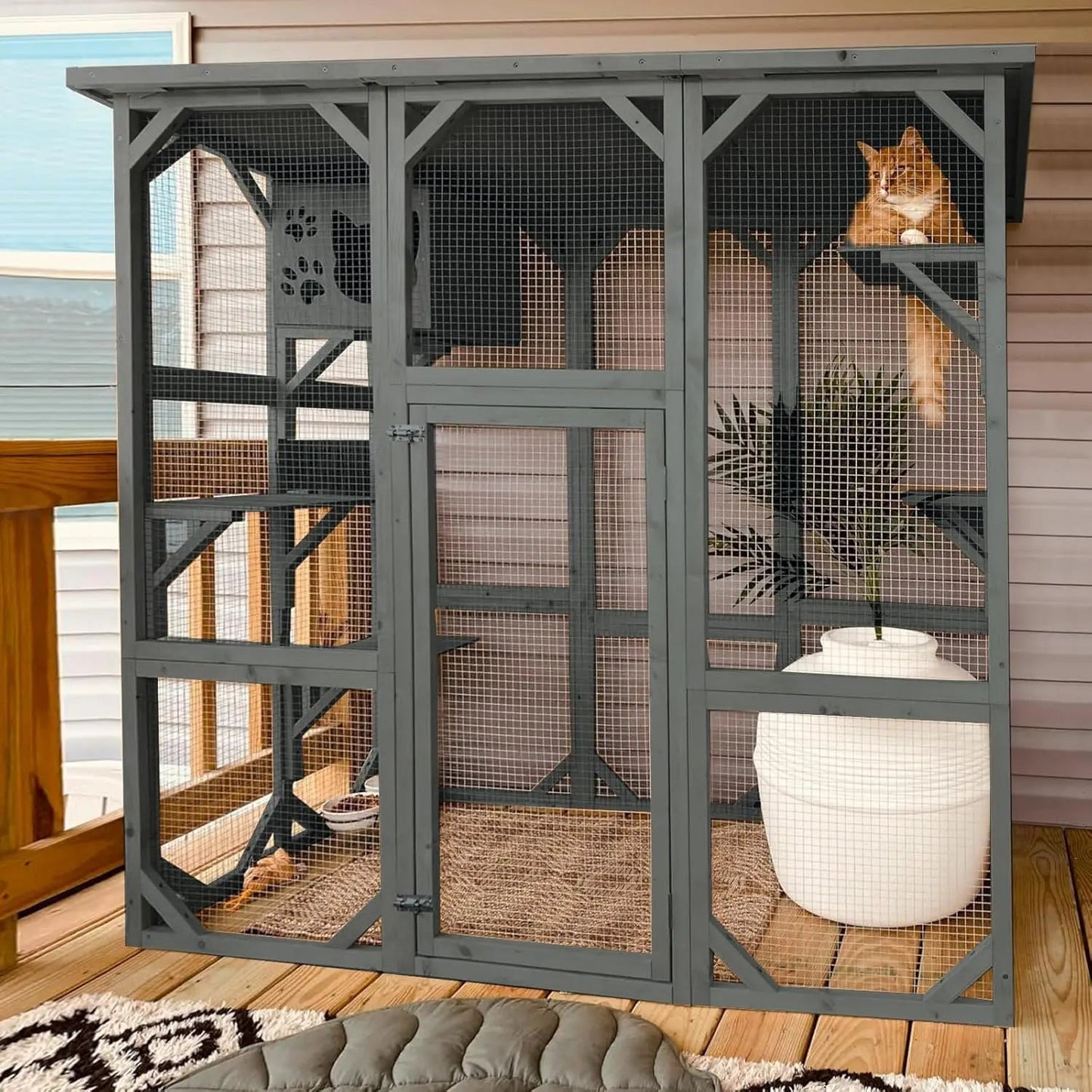 Large Outdoor Catio Wooden Cat House with Weatherproof Roof, Indoor Playpen, and Platform