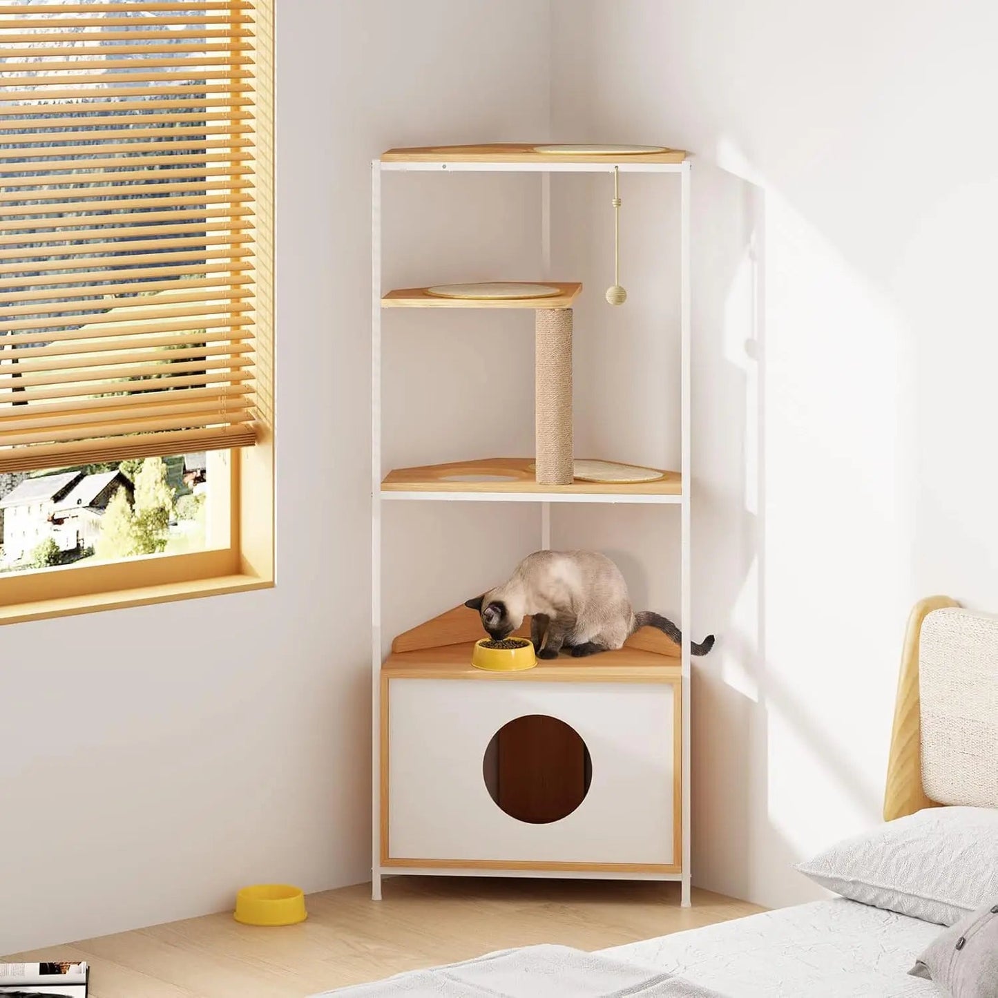 Corner Cat Tree with Scratching Post, Feeding Station, Climbing Platforms, and Space-Saving Design