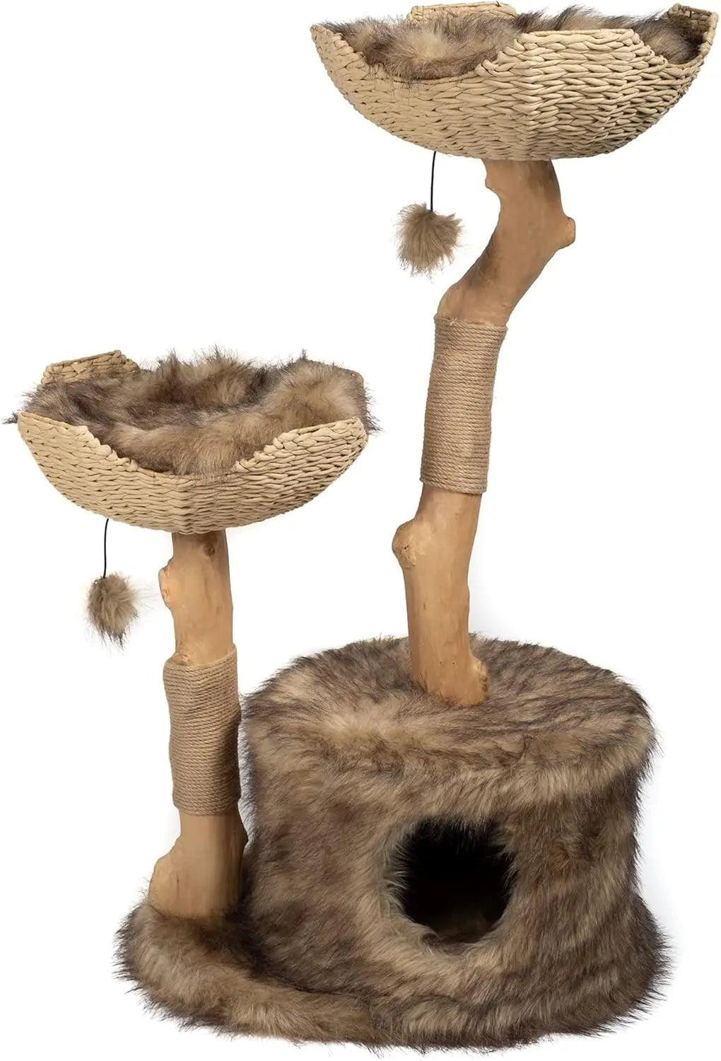 Modern Luxury Cat Tree Tower for Large Cats - 3-Layer Real Branch Cat Condo with Scratching Tree and Unique Design