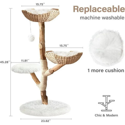 Wooden Cat Tree Tower - Unique Heavy Duty Cat Tower with Real Wood Branches and Luxurious Cat Furniture for Large Breeds