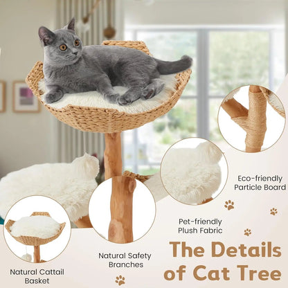 Aesthetic Cat Tree - Wood Cute Tree Tower with Scratching Post, Modern Condos, Jumping Platforms, and 2 Beds