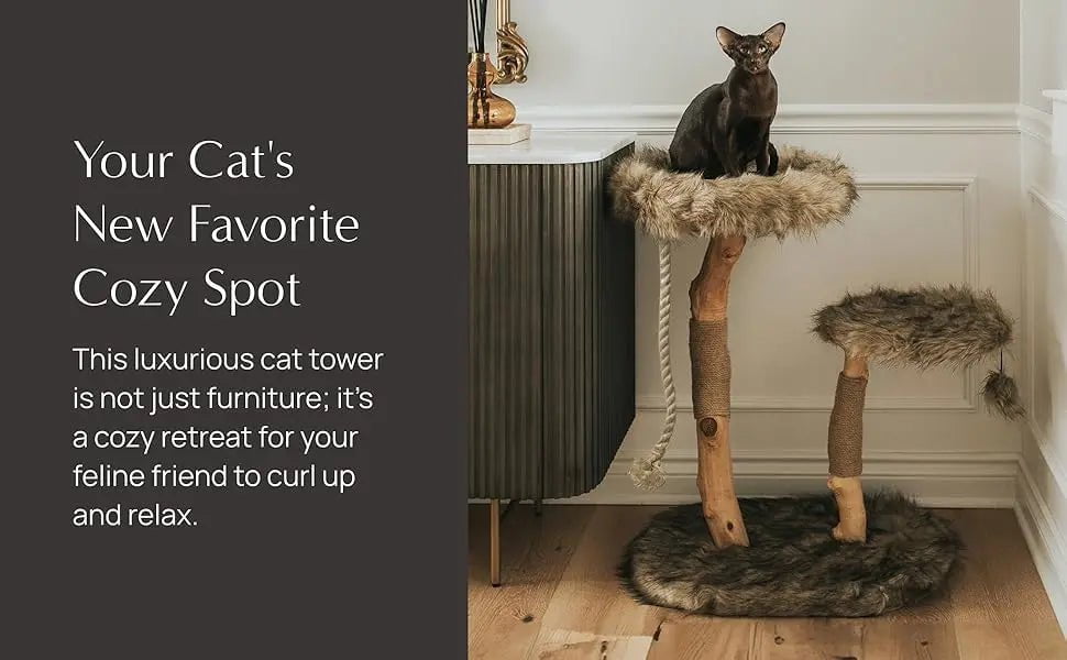 Modern Cat Tree Tower with Natural Branch Condo, Luxury Wood Tower, and Faux Fur-Covered Platforms for Large Cats