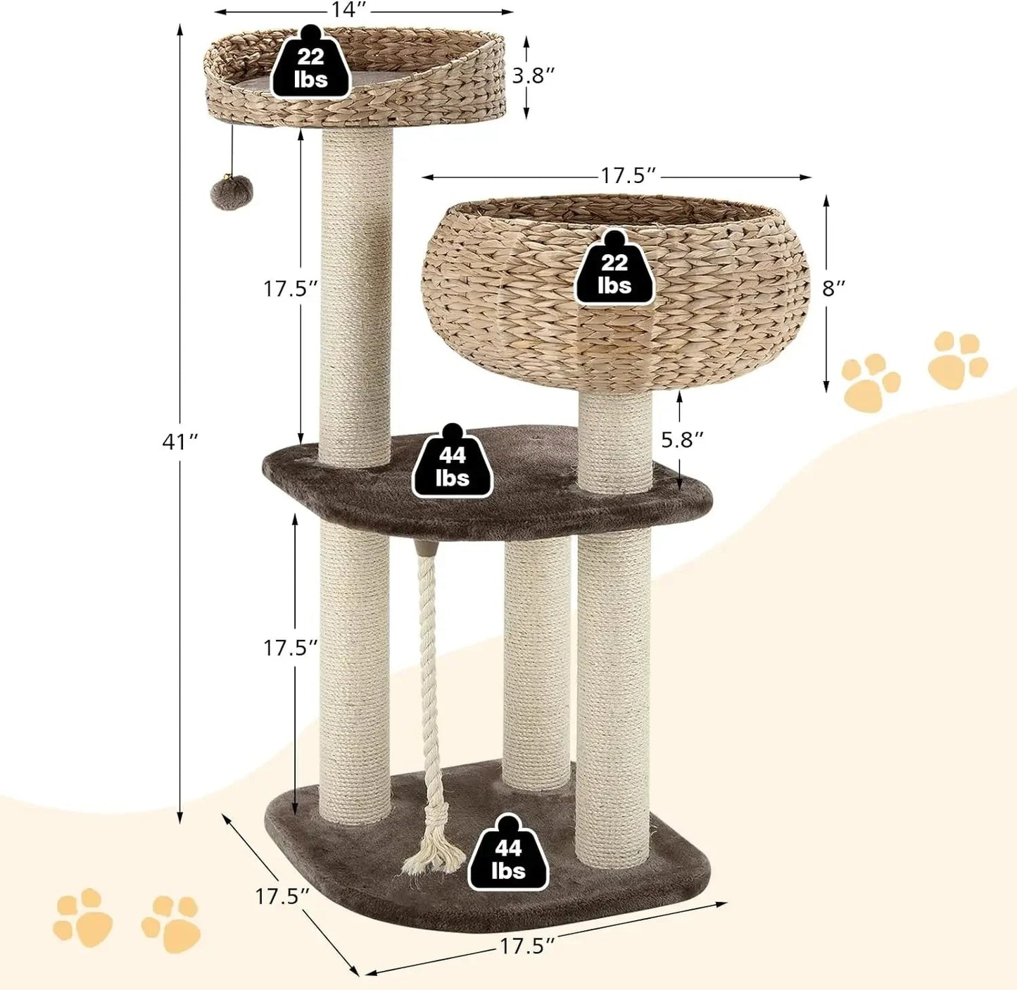 Cat Tree Tower with Sisal Scratching Posts, Basket Bed, and Multiple Perches for Endless Feline Fun